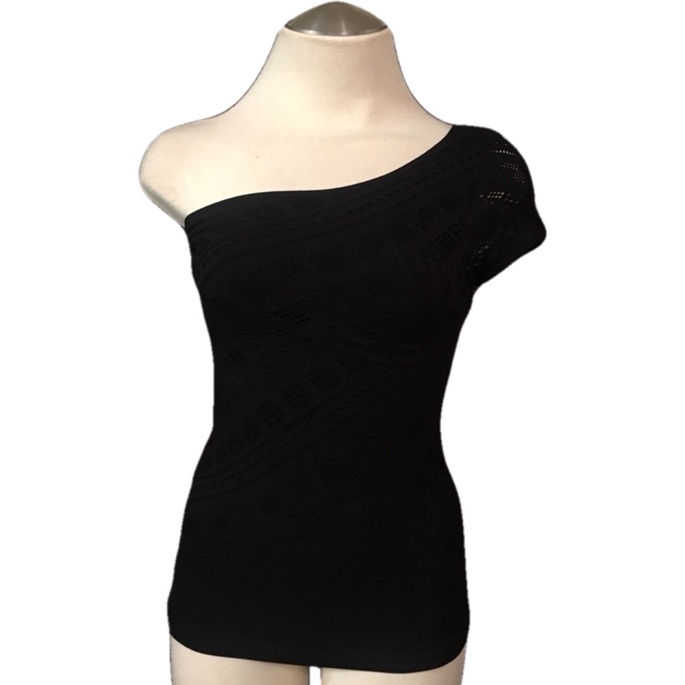 Bebe cut off shoulder black top